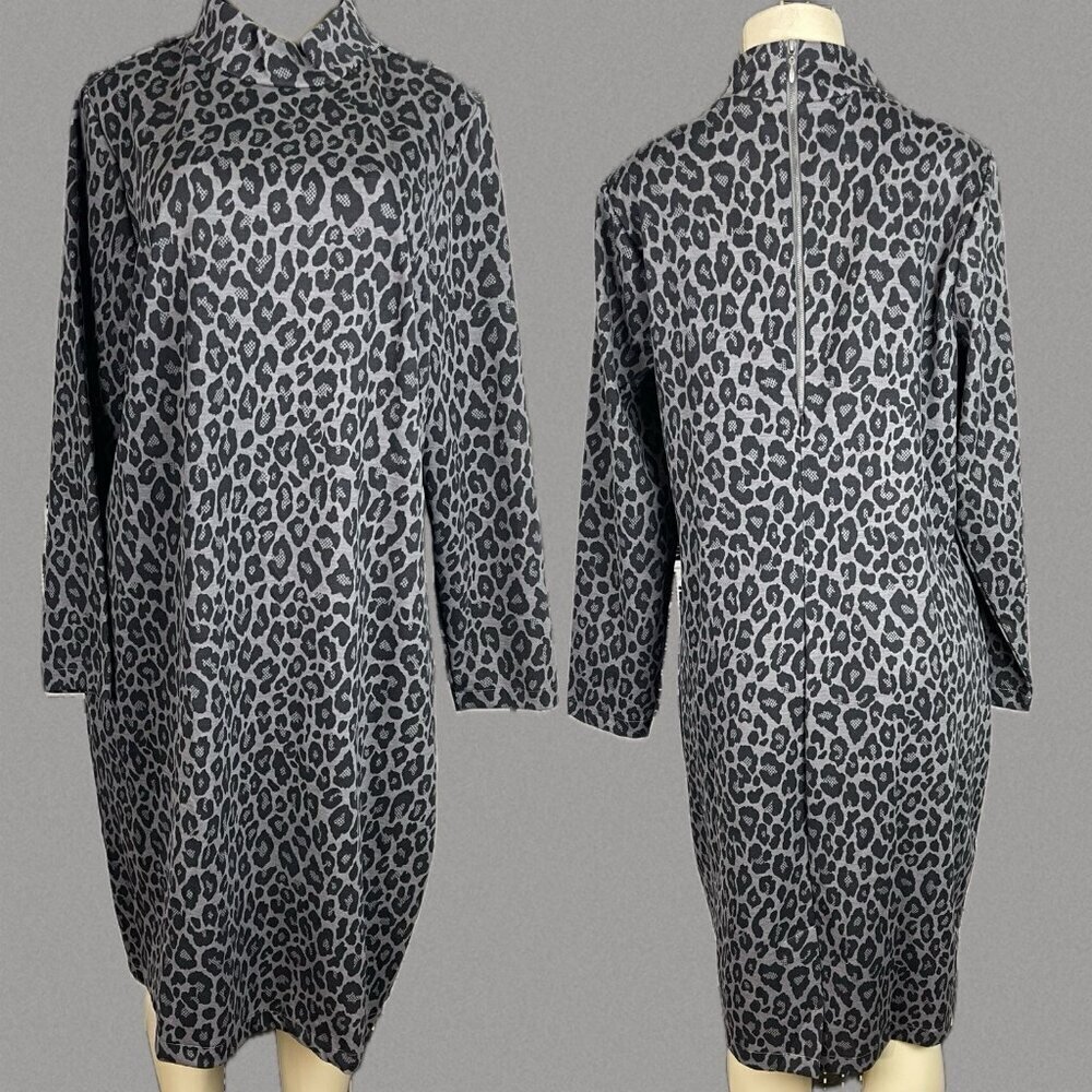 Jessica London 18 Gray-Black Animal Print Mock Neck Long Sleeve Below Knee Dress